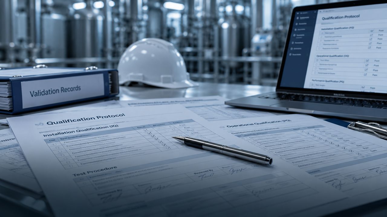 Illustration: a qualification protocol, a validation binder, a hard hat and a laptop on a table, in front of a production installation.